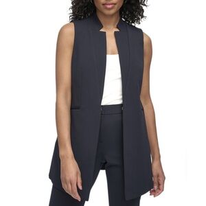 DKNY Womens Black Sleeveless Lapel Vest Clasp Closure and Pockets Sz 6